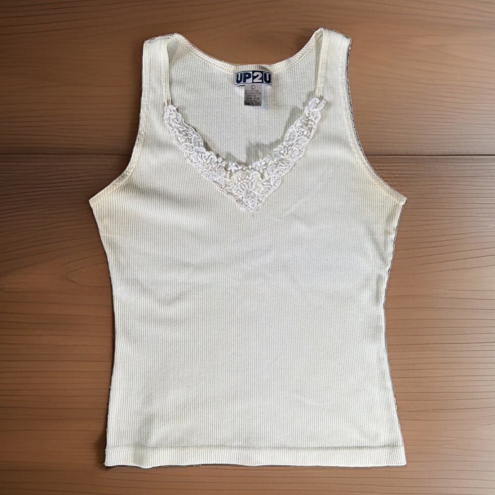 Vintage 90s UP2U Sz L Ivory Lace Ribbed Tank Top Coquette Fairy Grunge Romantic
